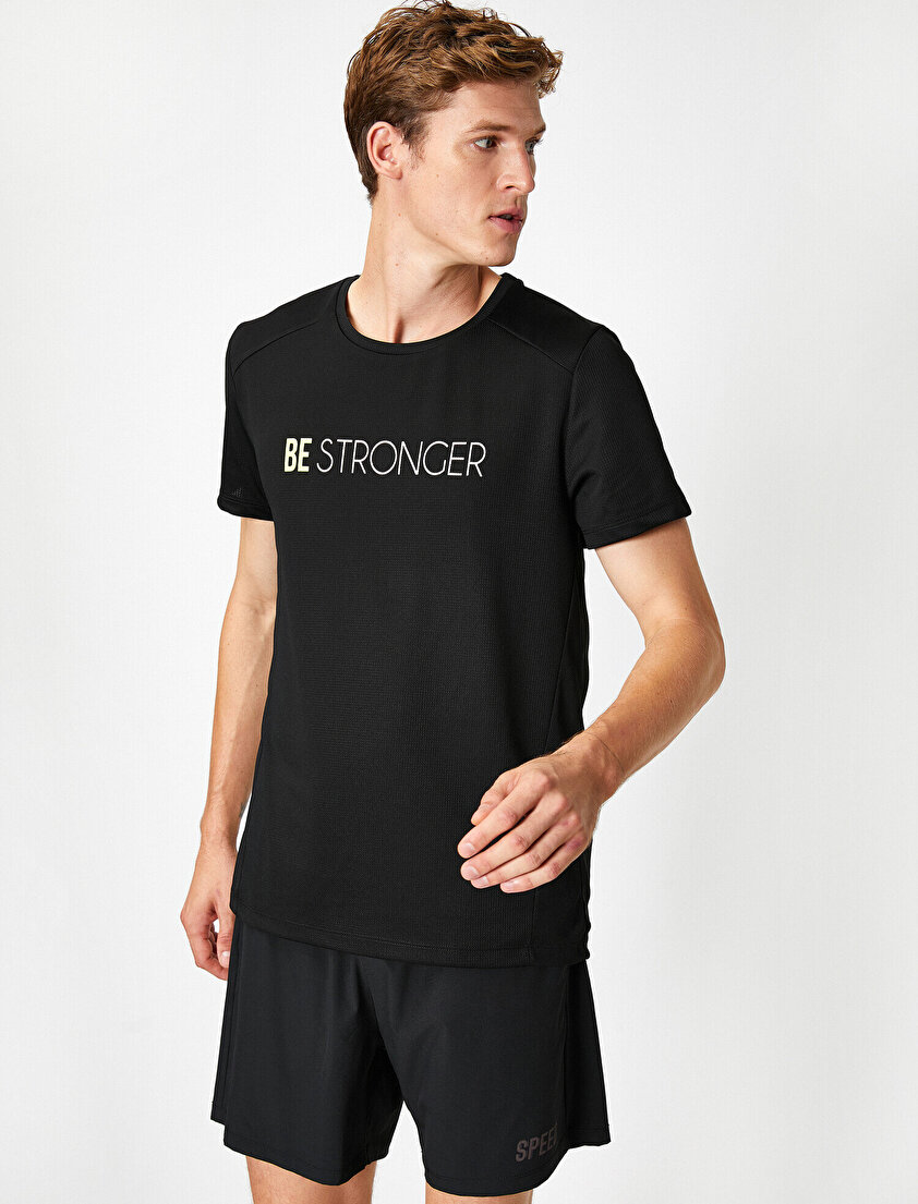 Bisiklet Yaka Kısa Kollu Neon Slogan Baskılı Tişört