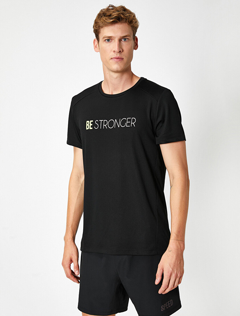 Bisiklet Yaka Kısa Kollu Neon Slogan Baskılı Tişört