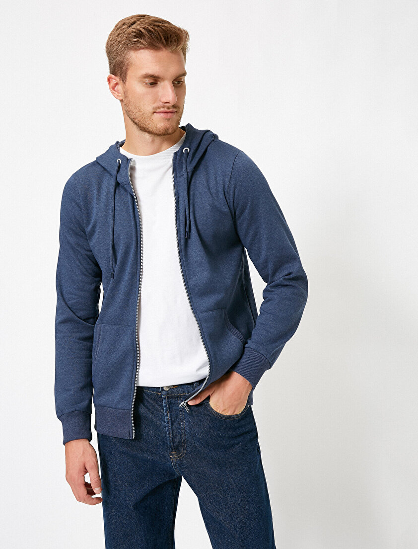 Uzun Kollu Kapüşonlu Fermuarlı Sweatshirt