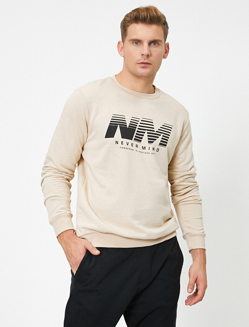 Bisiklet Yaka Uzun Kollu Yazılı Baskılı Sweatshirt