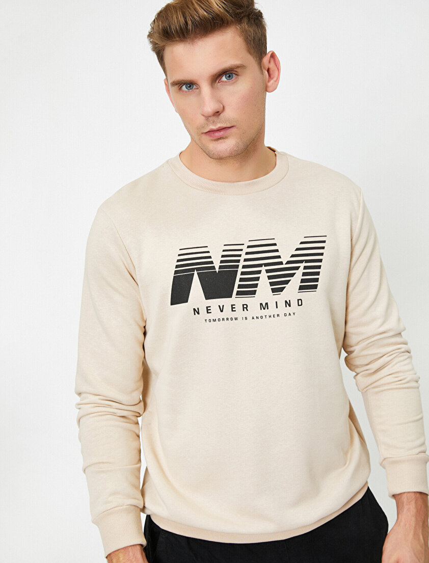 Bisiklet Yaka Uzun Kollu Yazılı Baskılı Sweatshirt