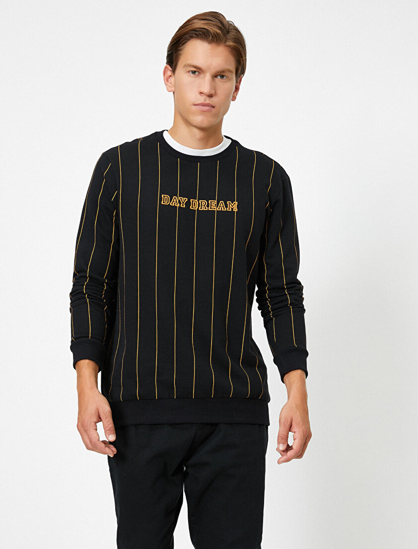 Bisiklet Yaka Yazılı Baskılı Çizgili Sweatshirt