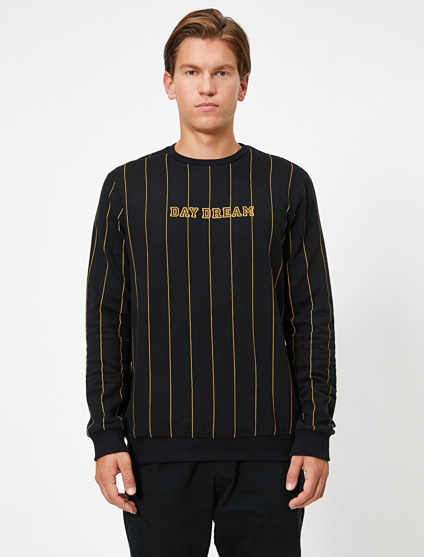 Bisiklet Yaka Yazılı Baskılı Çizgili Sweatshirt