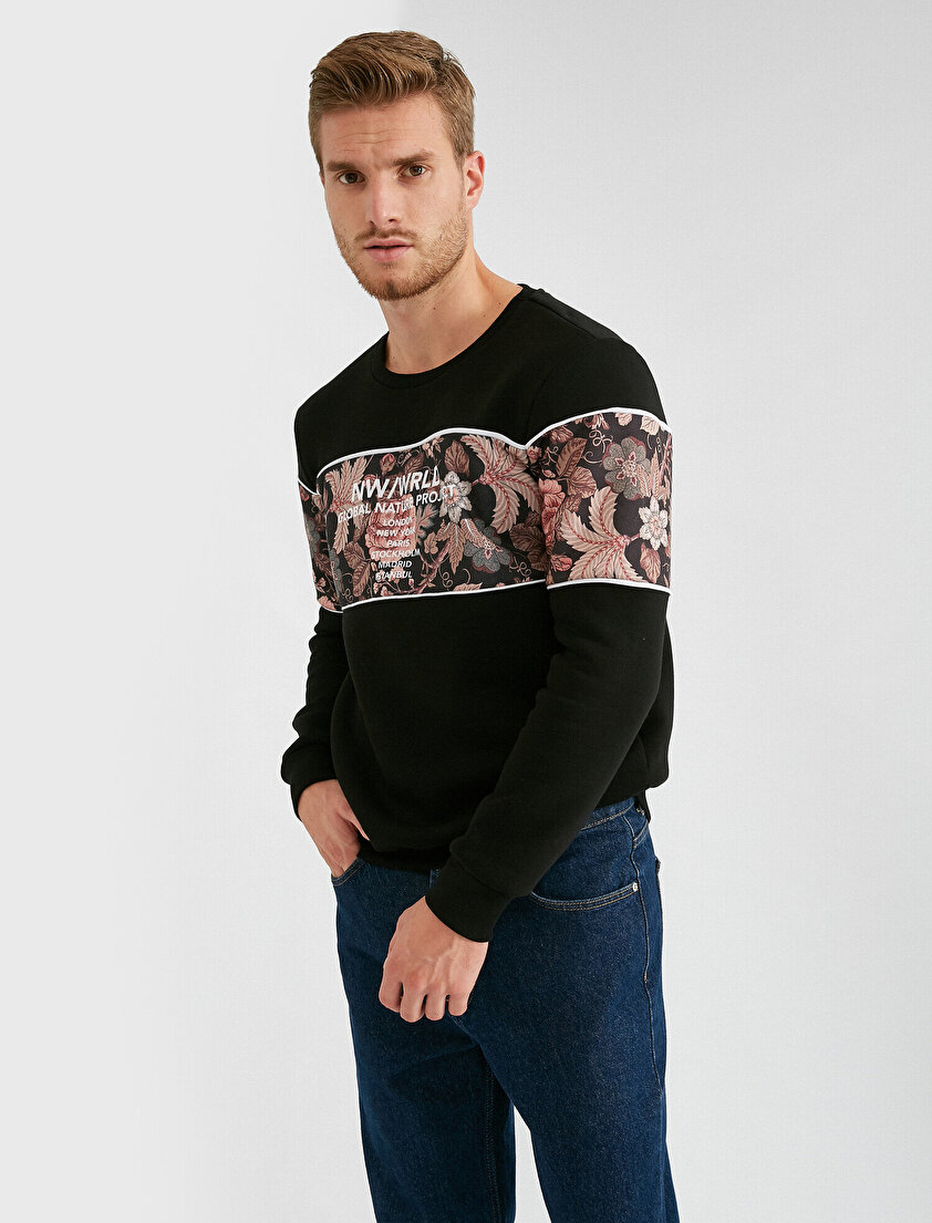 Bisiklet Yaka Uzun Kollu Yazılı Baskılı Çiçek Desenli Sweatshirt