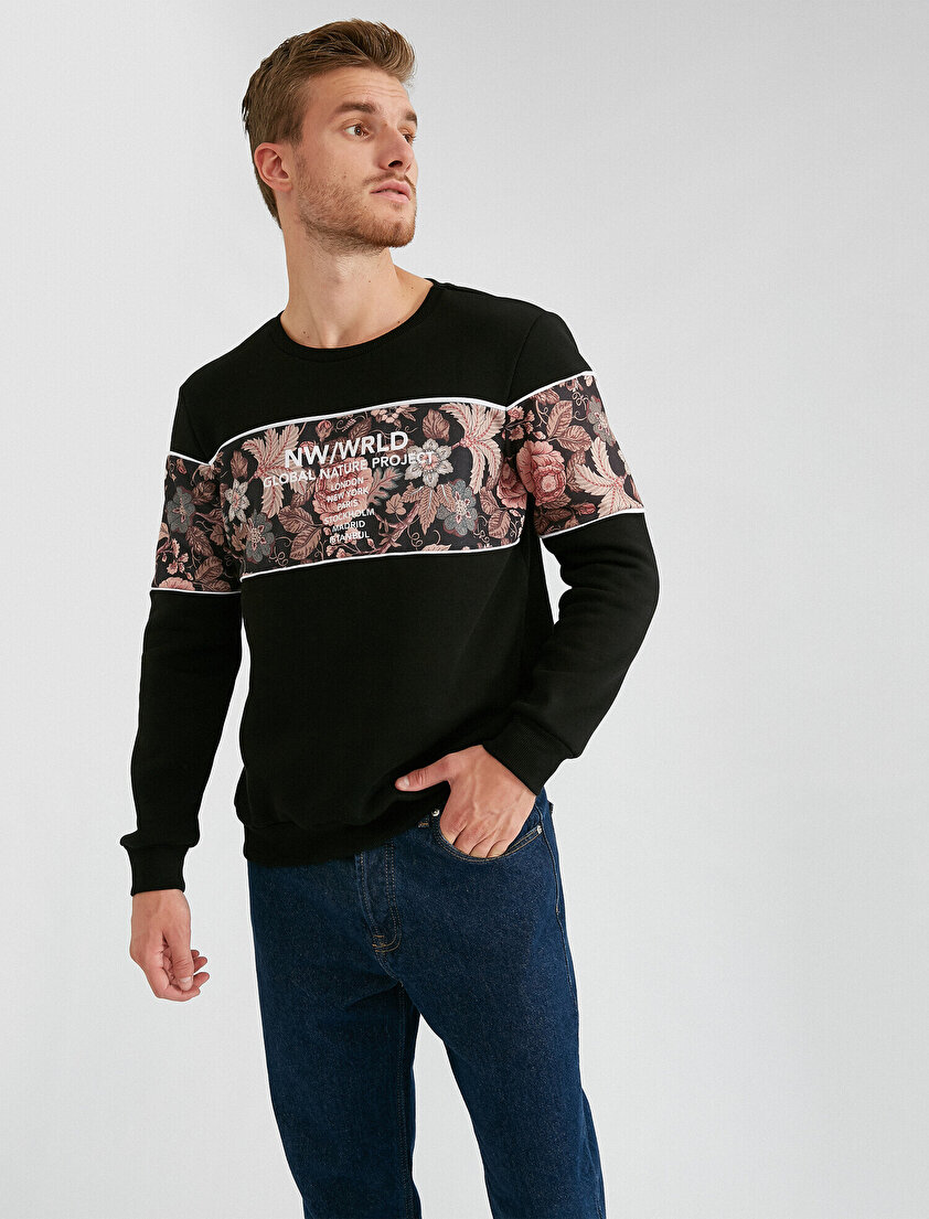 Bisiklet Yaka Uzun Kollu Yazılı Baskılı Çiçek Desenli Sweatshirt