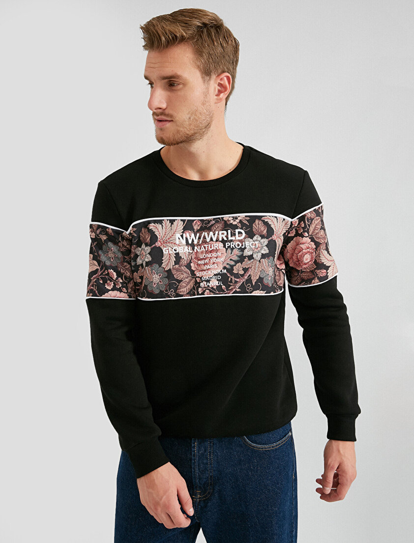 Bisiklet Yaka Uzun Kollu Yazılı Baskılı Çiçek Desenli Sweatshirt