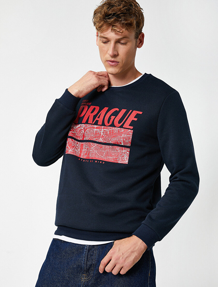 Bisiklet Yaka Uzun Kollu Baskılı Sweatshirt