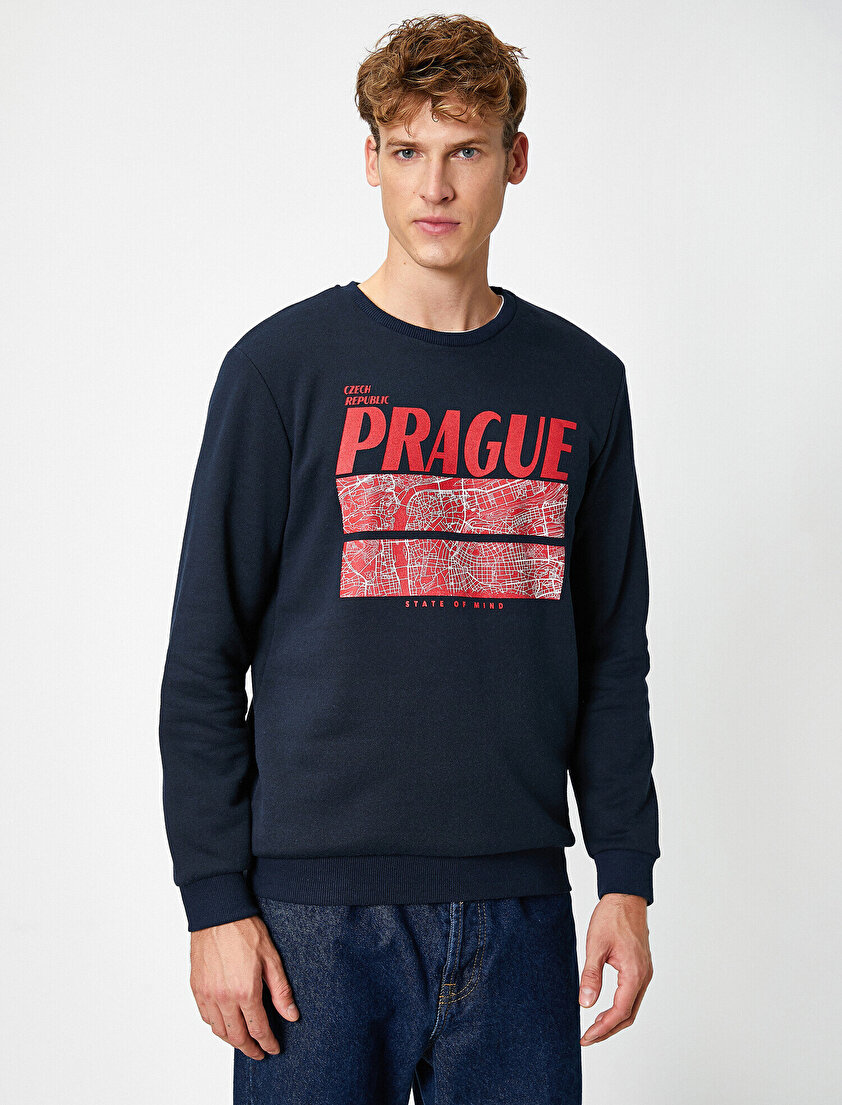 Bisiklet Yaka Uzun Kollu Baskılı Sweatshirt