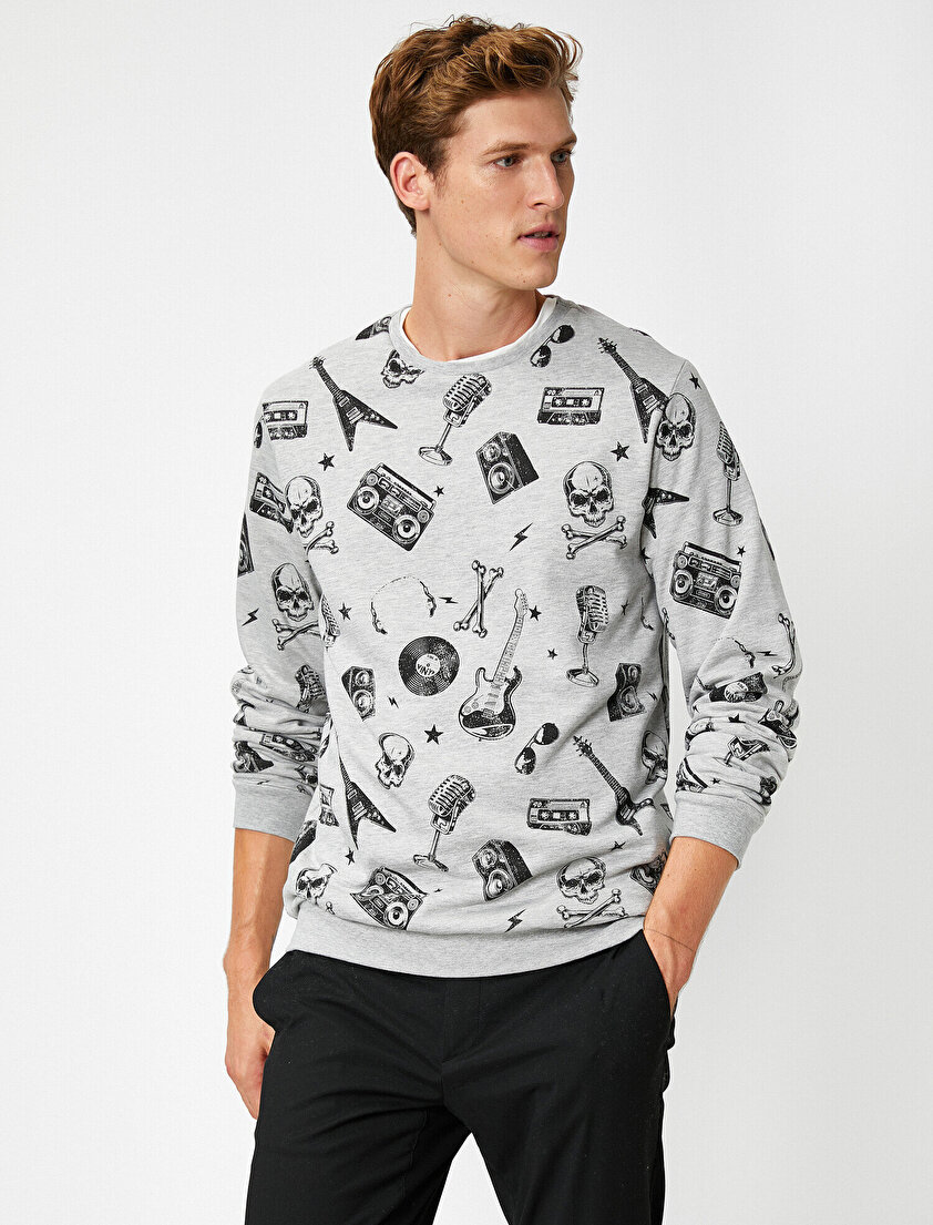 Bisiklet Yaka Uzun Kollu Baskılı Sweatshirt