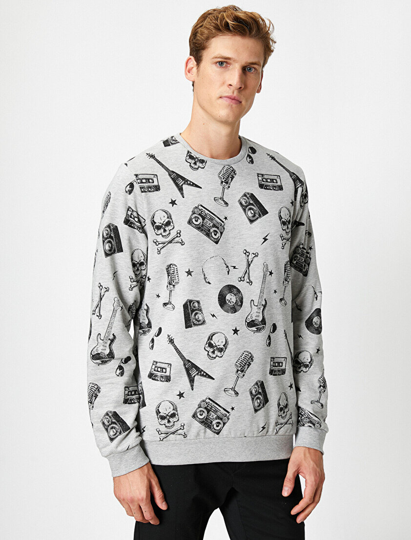 Bisiklet Yaka Uzun Kollu Baskılı Sweatshirt