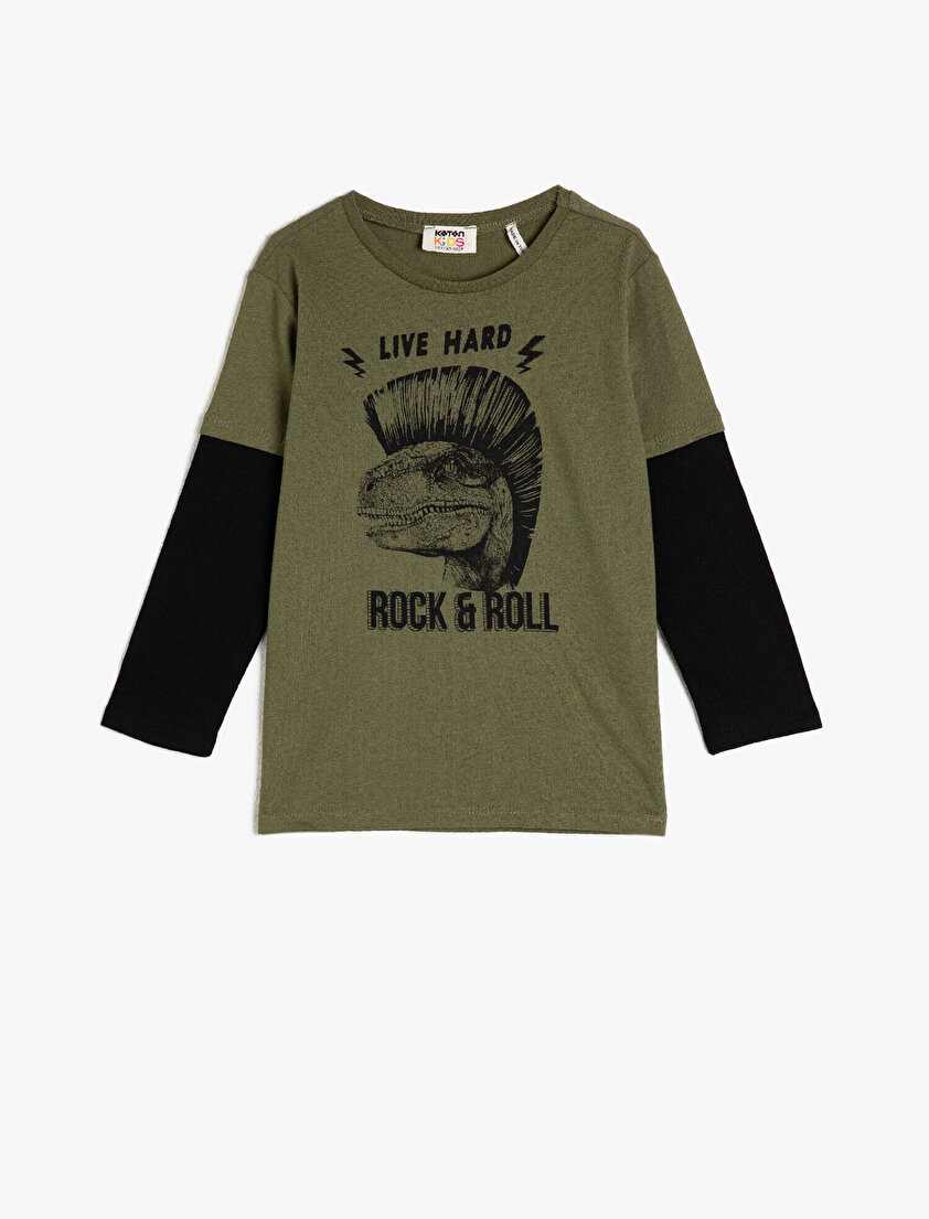 Pamuklu Bisiklet Yaka Uzun Kollu Baskılı Tişört