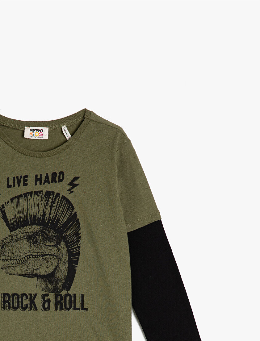 Pamuklu Bisiklet Yaka Uzun Kollu Baskılı Tişört