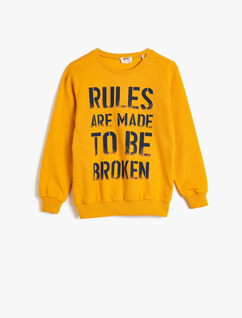 Pamuklu Uzun Kollu Bisiklet Yaka Yazılı Baskılı Sweatshirt