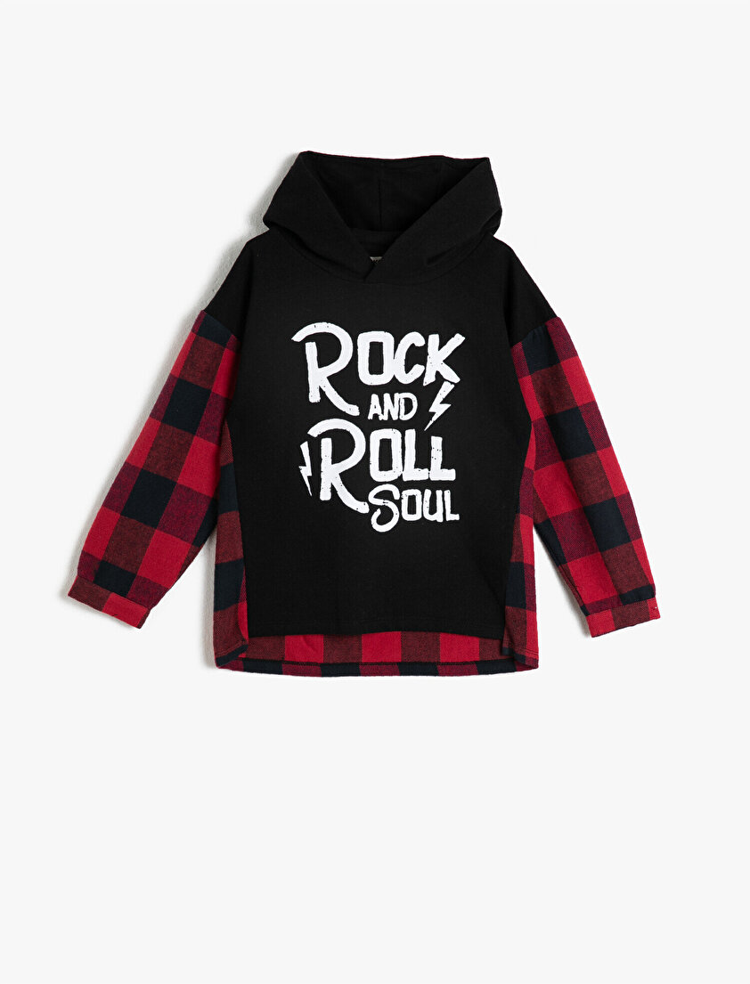 Kapüşonlu Yazılı Baskılı Ekoseli Sweatshirt