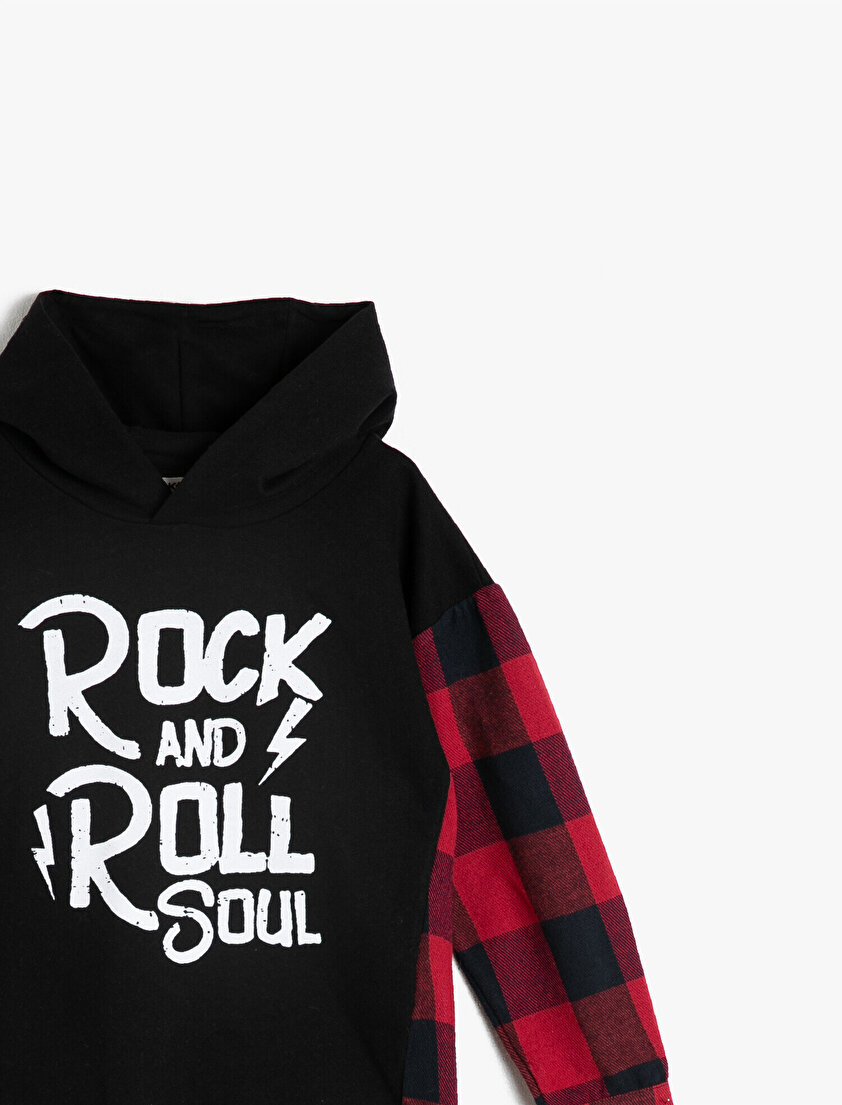 Kapüşonlu Yazılı Baskılı Ekoseli Sweatshirt