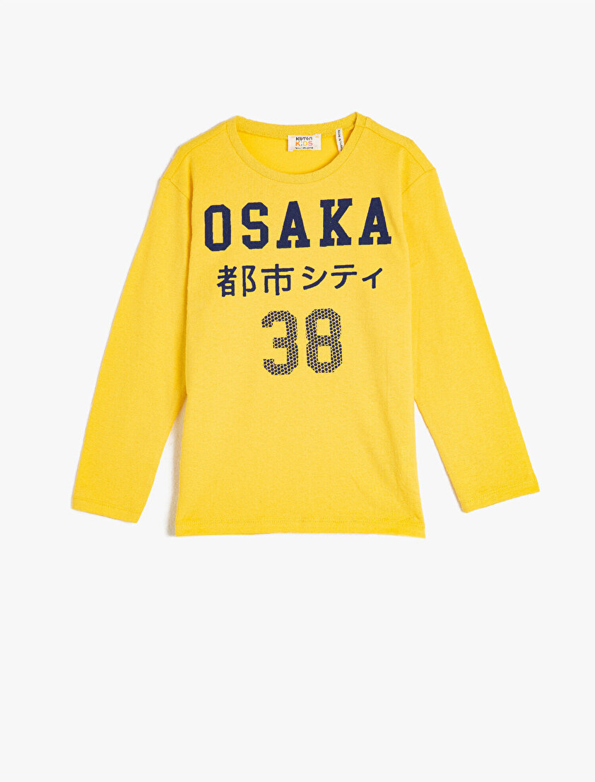 Pamuklu Bisiklet Yaka Uzun Kollu Yazılı Baskılı Tişört