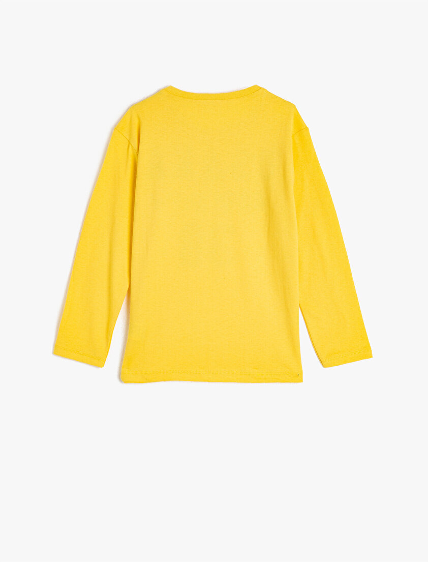 Pamuklu Bisiklet Yaka Uzun Kollu Yazılı Baskılı Tişört