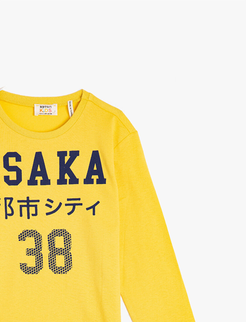 Pamuklu Bisiklet Yaka Uzun Kollu Yazılı Baskılı Tişört