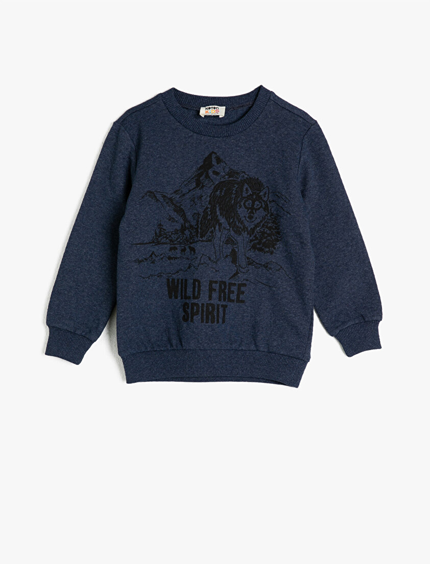 Uzun Kollu Baskılı Bisiklet Yaka Sweatshirt