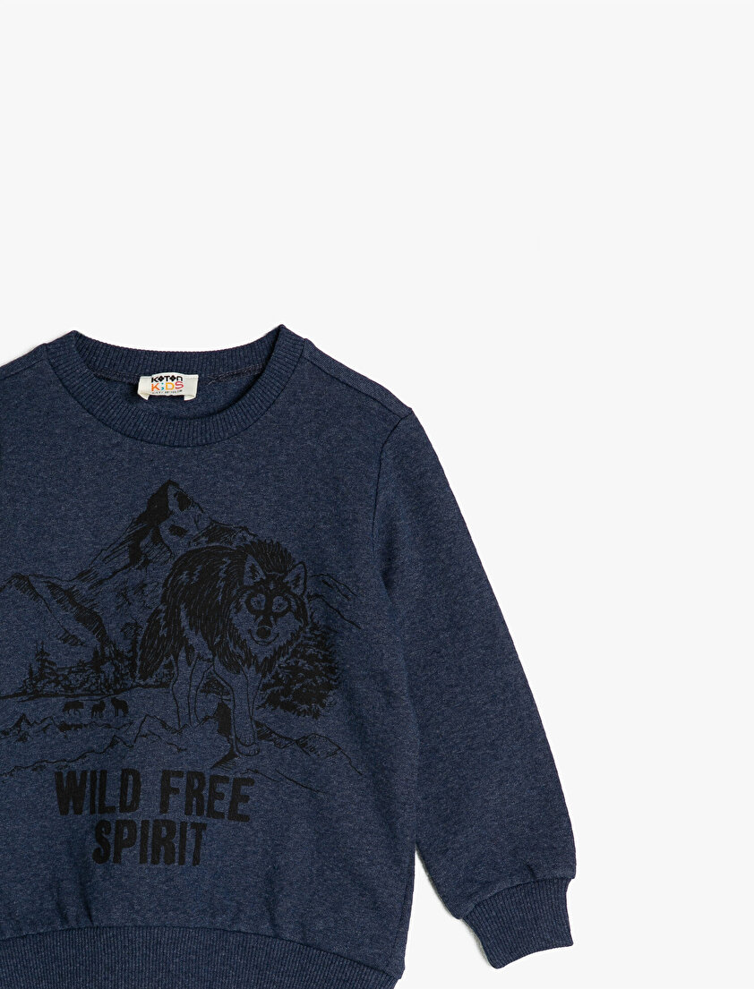 Uzun Kollu Baskılı Bisiklet Yaka Sweatshirt