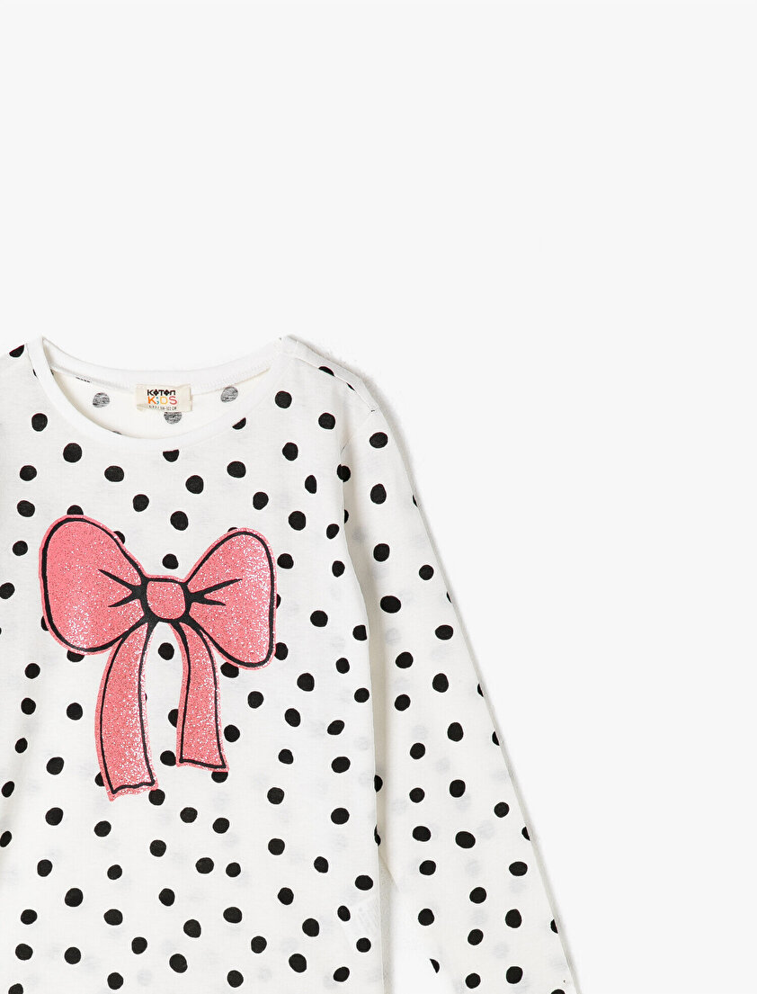 Pamuklu Bisiklet Yaka Uzun Kollu Puantiyeli Baskılı Tişört