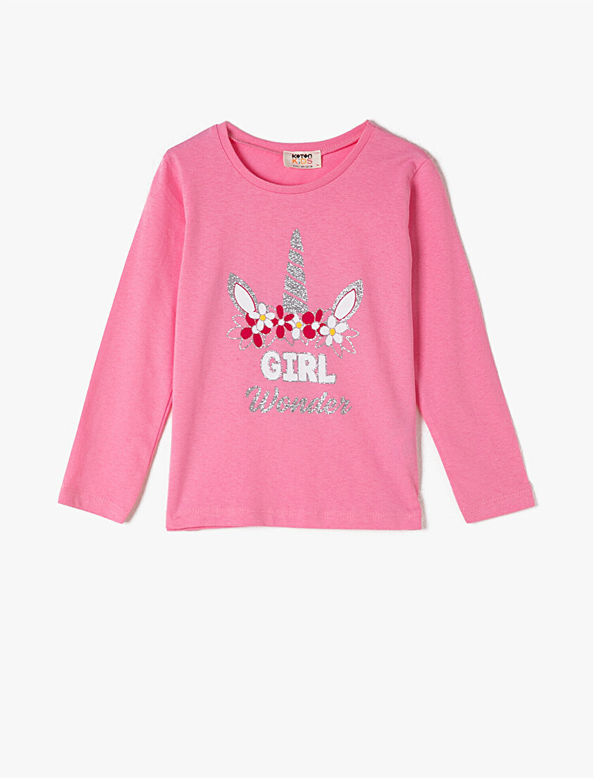 Pamuklu Uzun Kollu Bisiklet Yaka Simli Baskılı Tişört