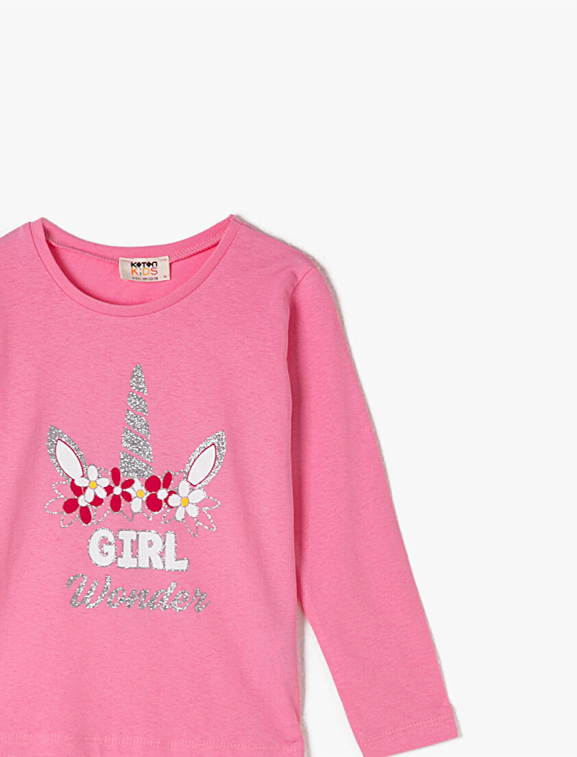 Pamuklu Uzun Kollu Bisiklet Yaka Simli Baskılı Tişört