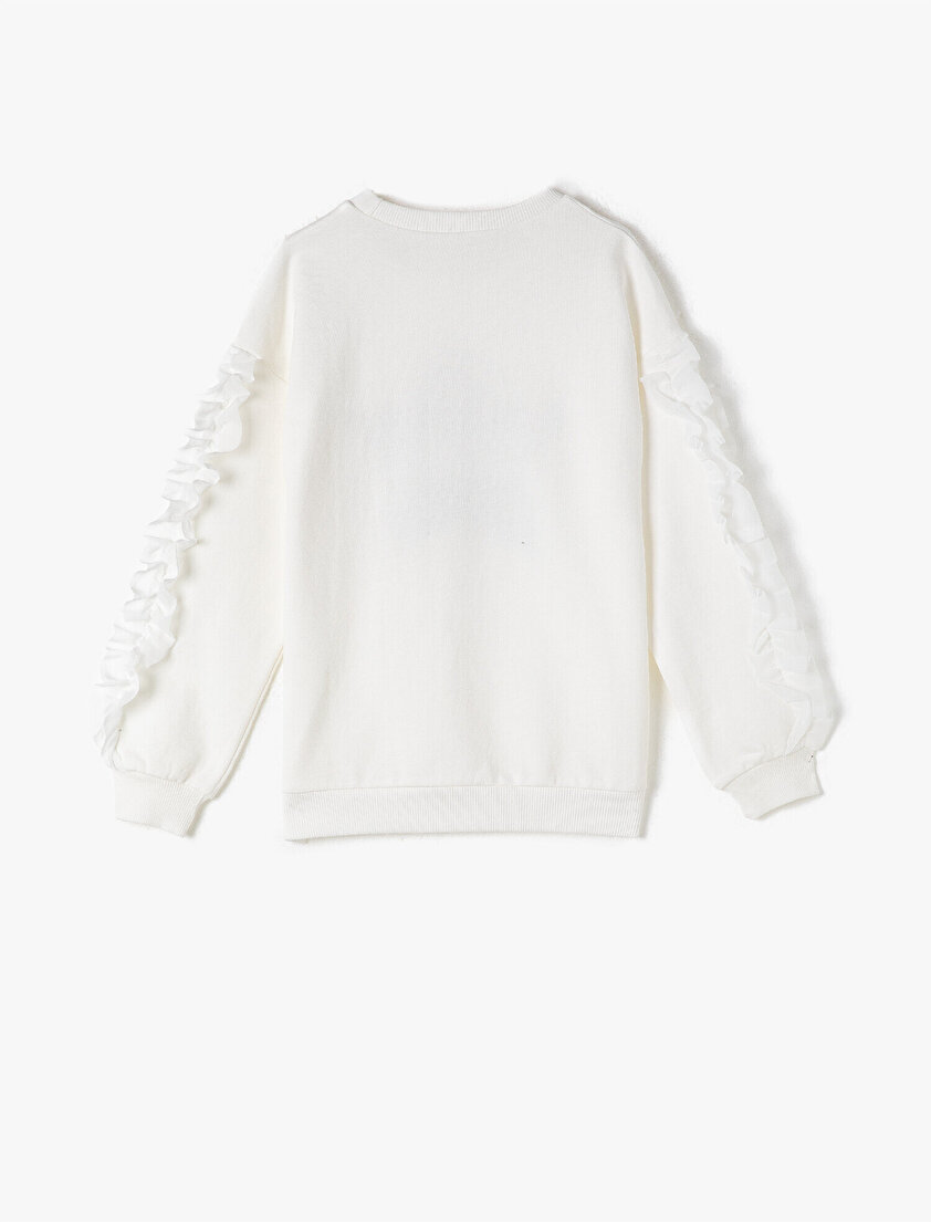 Pamuklu Bisiklet Yaka Uzun Kollu Fırfırlı Parlak Baskılı Sweatshirt