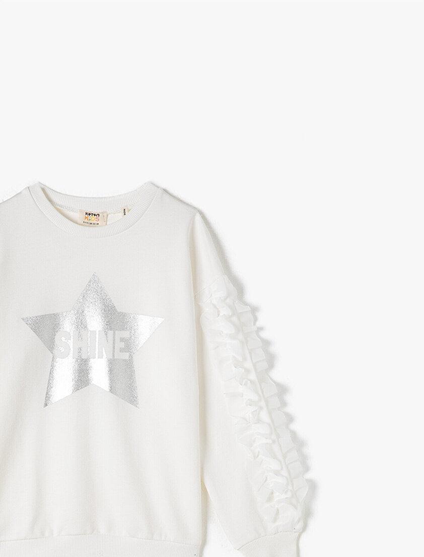 Pamuklu Bisiklet Yaka Uzun Kollu Fırfırlı Parlak Baskılı Sweatshirt