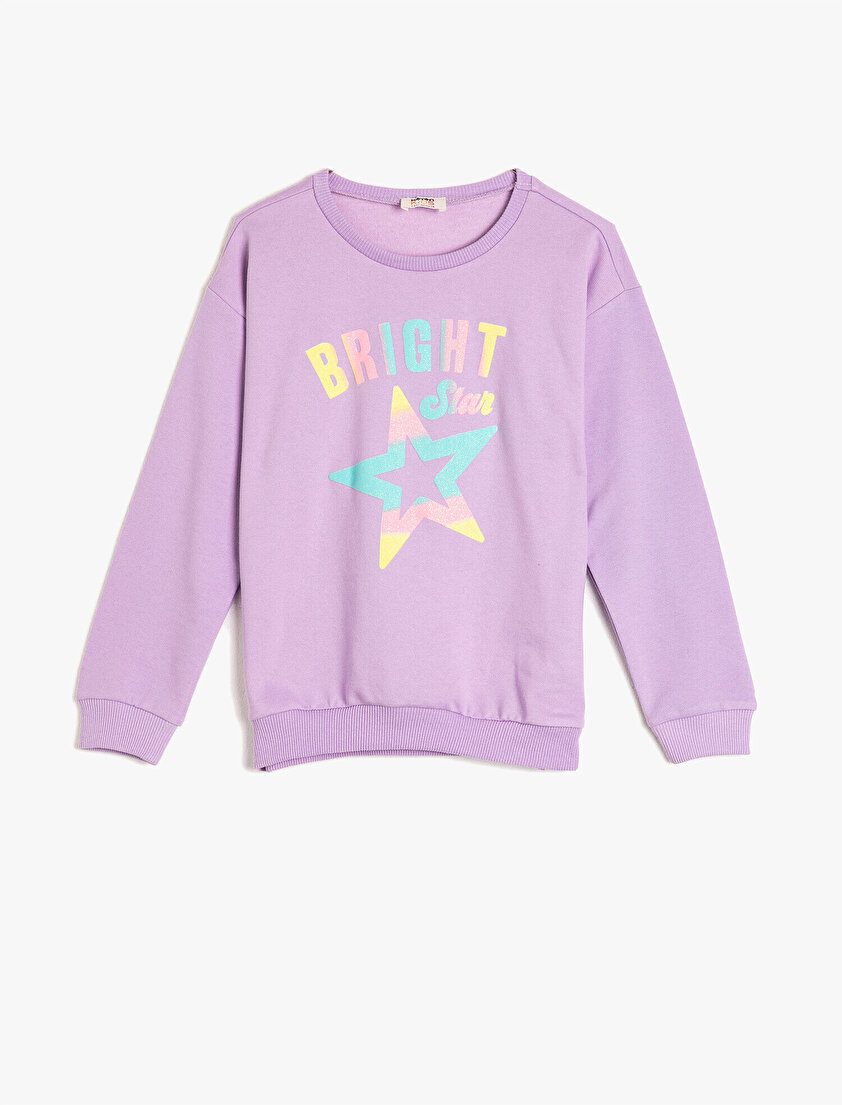Pamuklu Uzun Kollu Bisiklet Yaka Yazılı Baskılı Sweatshirt