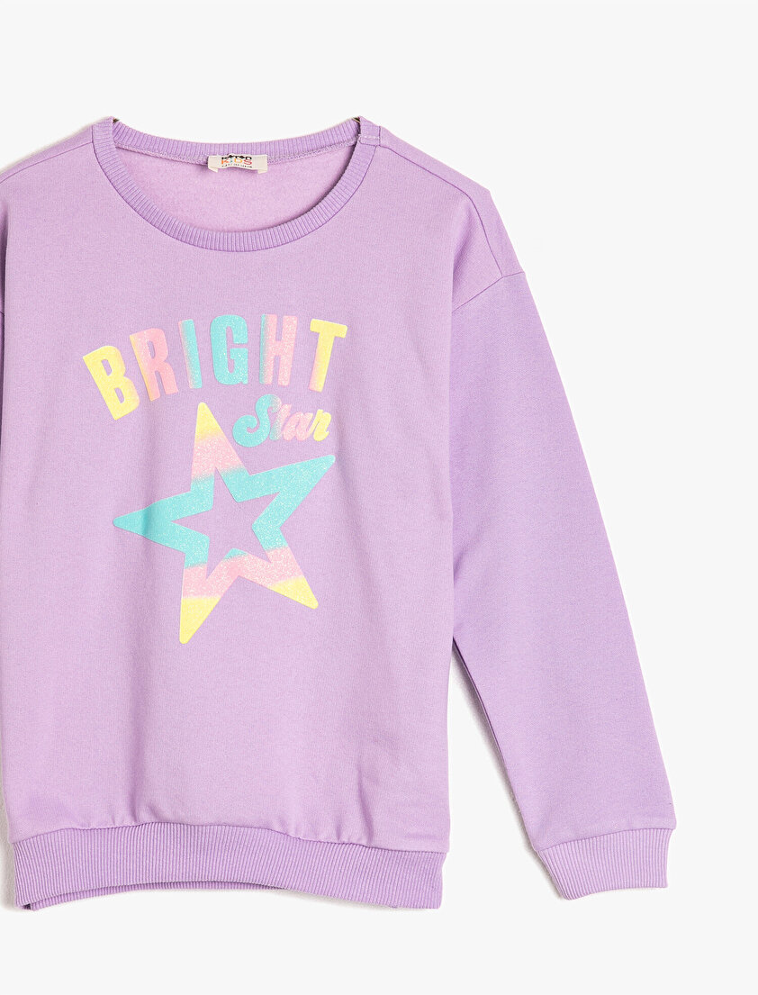 Pamuklu Uzun Kollu Bisiklet Yaka Yazılı Baskılı Sweatshirt