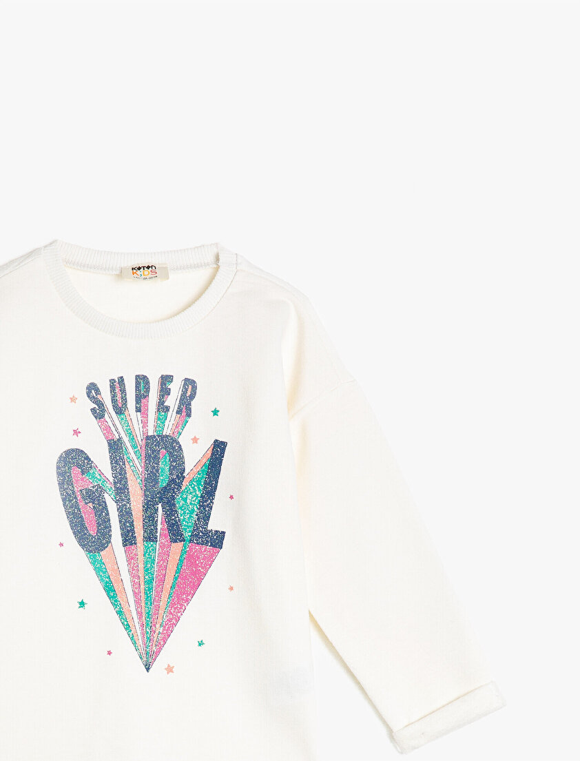 Simli Yazılı Baskılı Uzun Kollu Bisiklet Yaka Sweatshirt