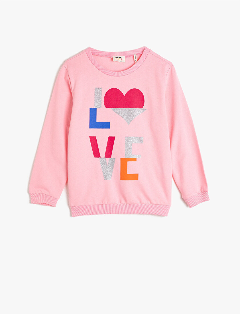 %100 Pamuk Bisiklet Yaka Simli Yazılı Baskılı Sweatshirt