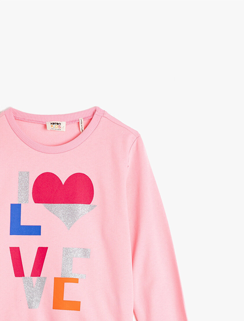 %100 Pamuk Bisiklet Yaka Simli Yazılı Baskılı Sweatshirt