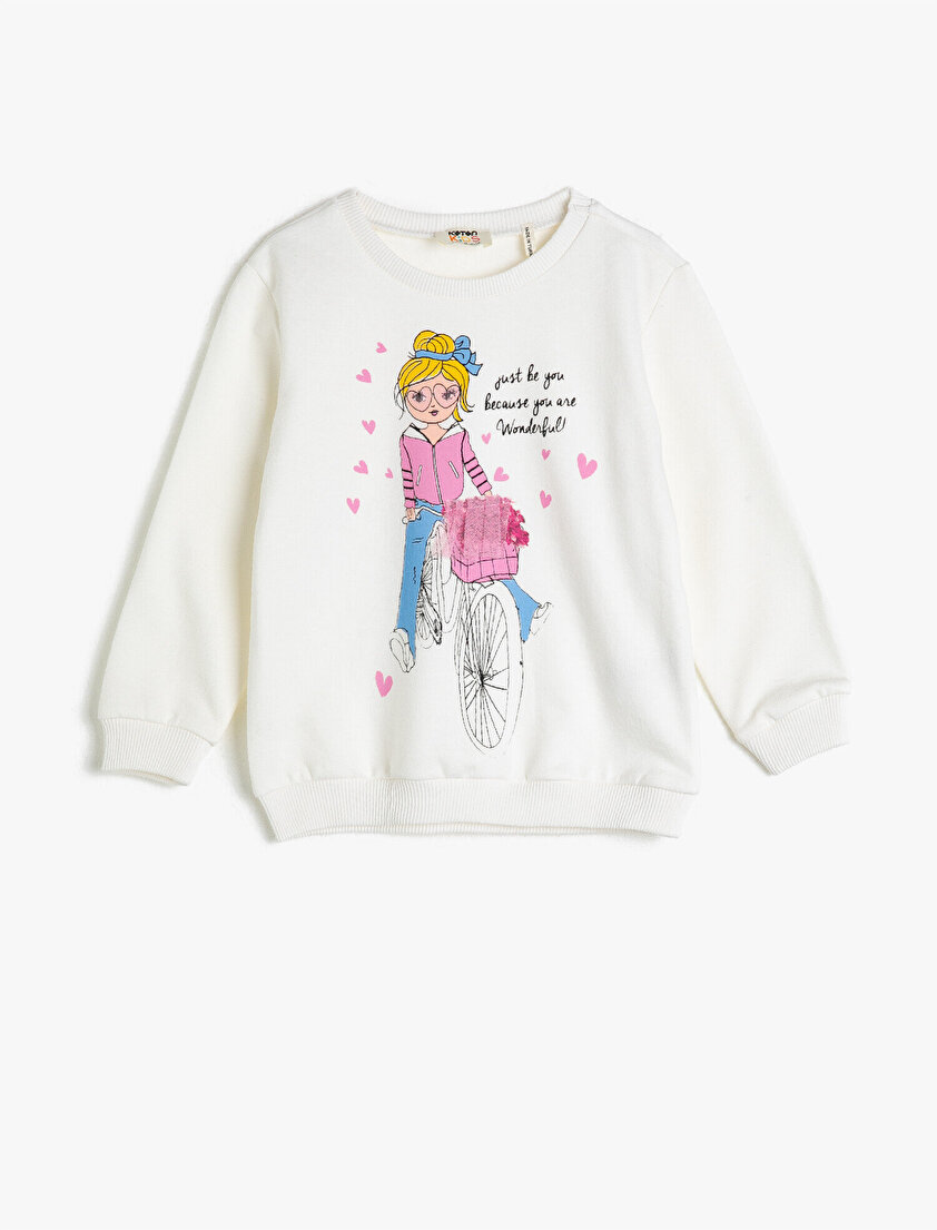 Uzun Kollu Baskılı Bisiklet Yaka Sweatshirt