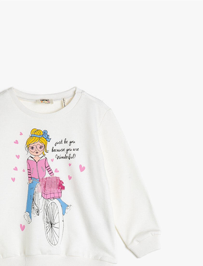 Uzun Kollu Baskılı Bisiklet Yaka Sweatshirt