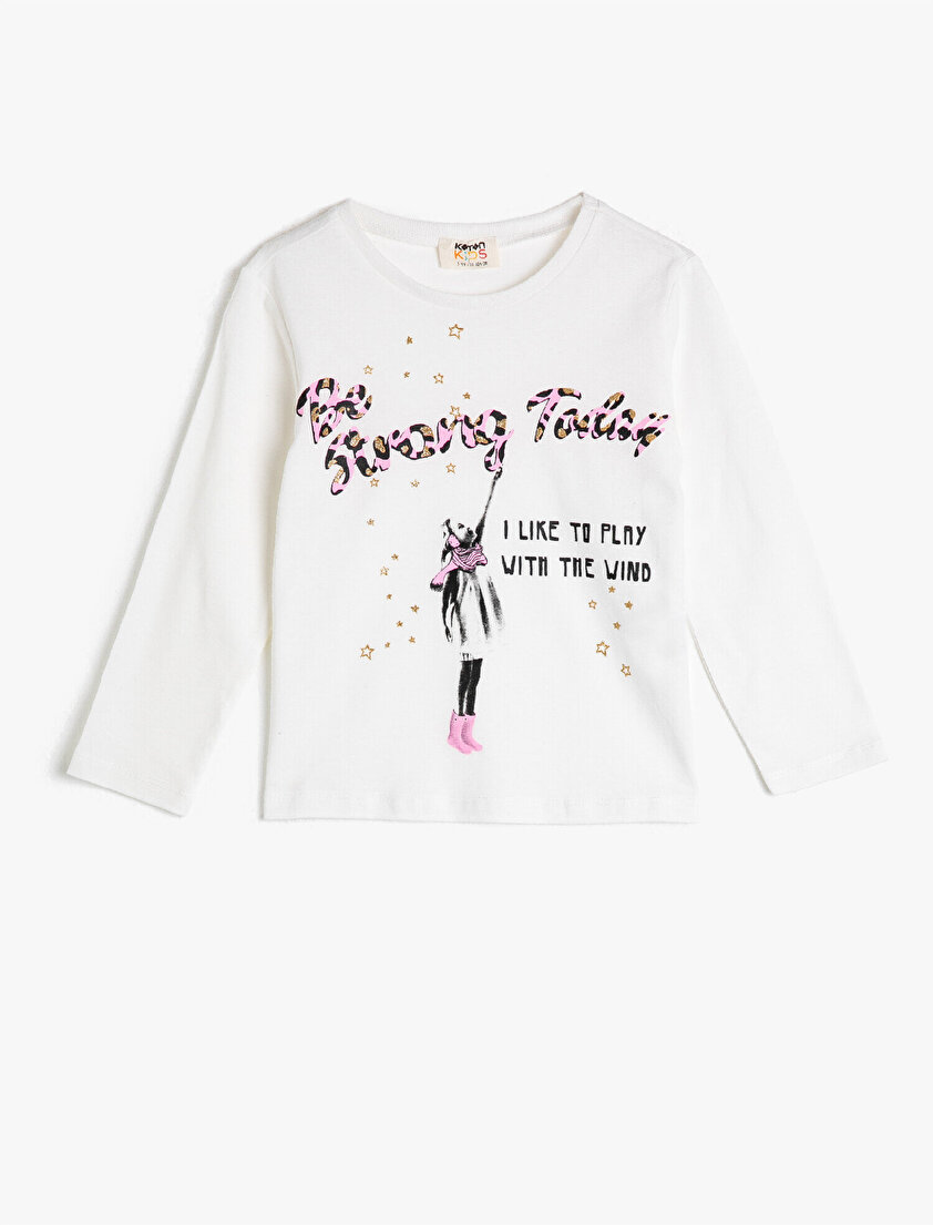 Bisiklet Yaka Yazılı Baskılı Uzun Kollu Tişört