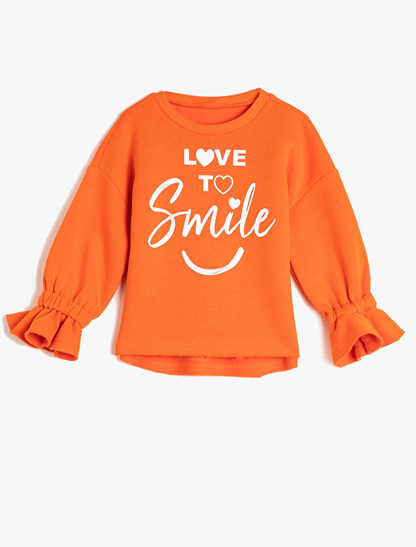 Fırfırlı Uzun Kollu Yazılı Baskılı Sweatshirt