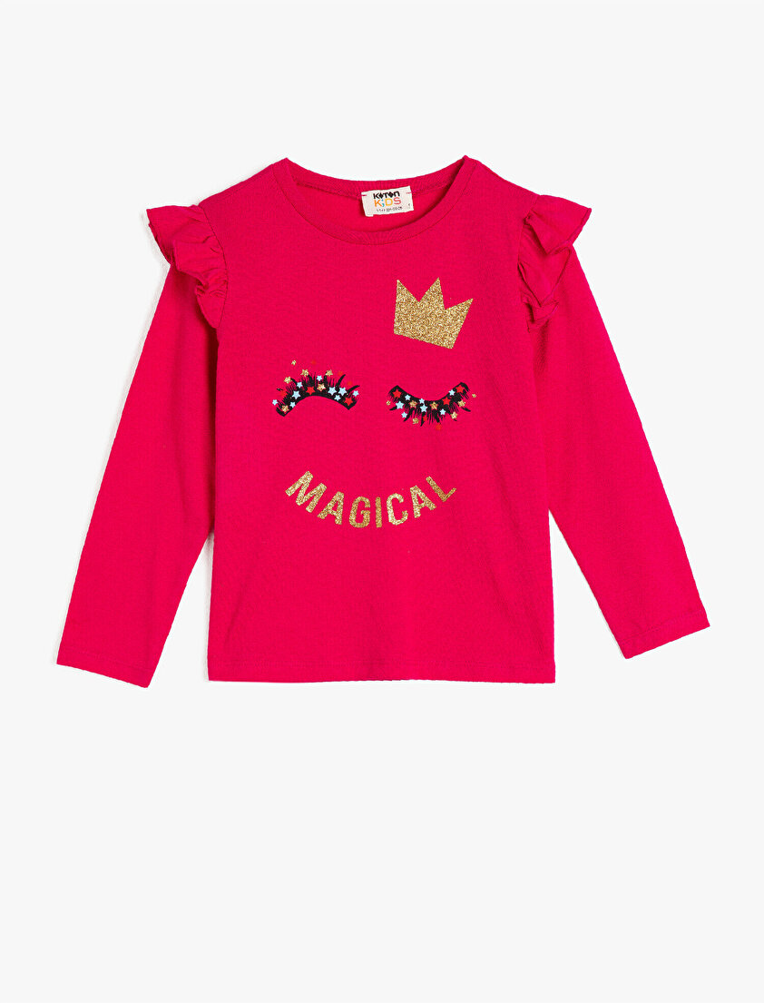 Pamuklu Simli Baskılı Fırfırlı Uzun Kollu Bisiklet Yaka Tişört