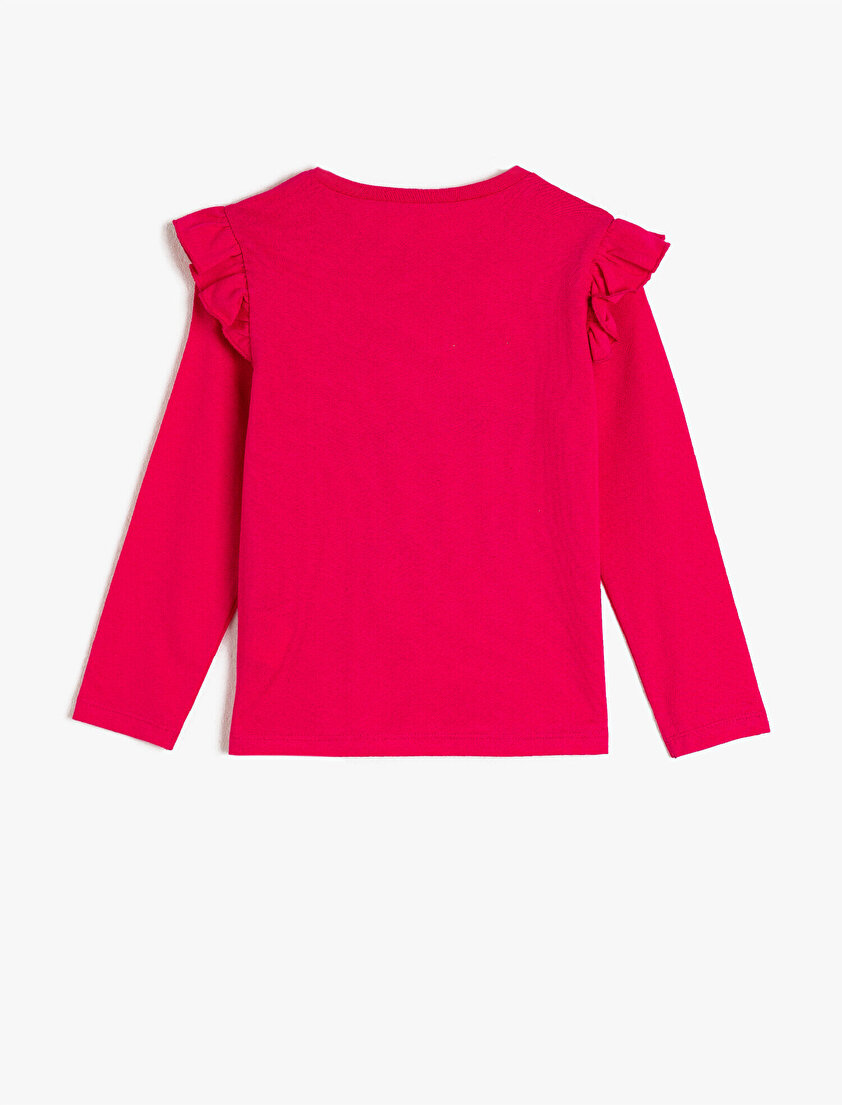 Pamuklu Simli Baskılı Fırfırlı Uzun Kollu Bisiklet Yaka Tişört