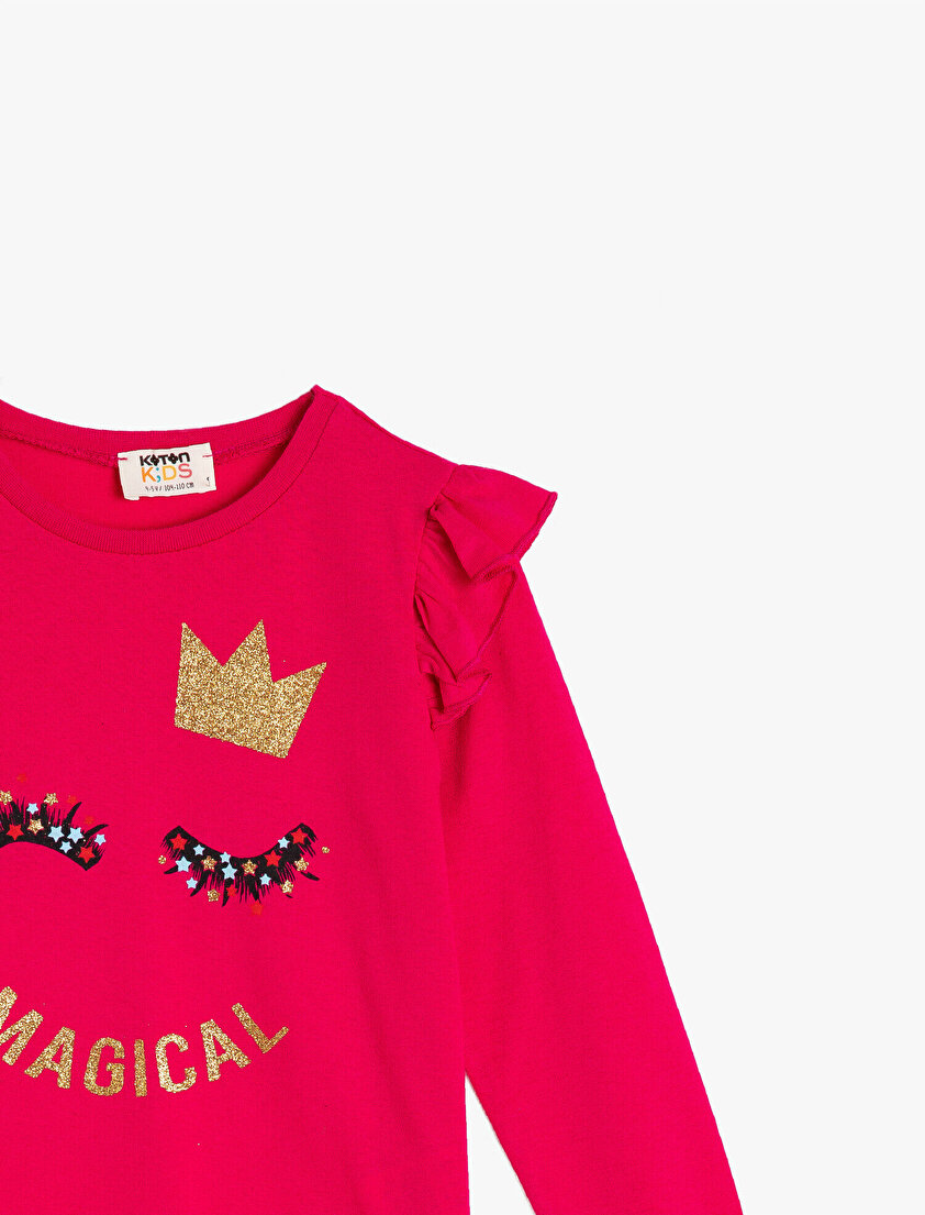 Pamuklu Simli Baskılı Fırfırlı Uzun Kollu Bisiklet Yaka Tişört