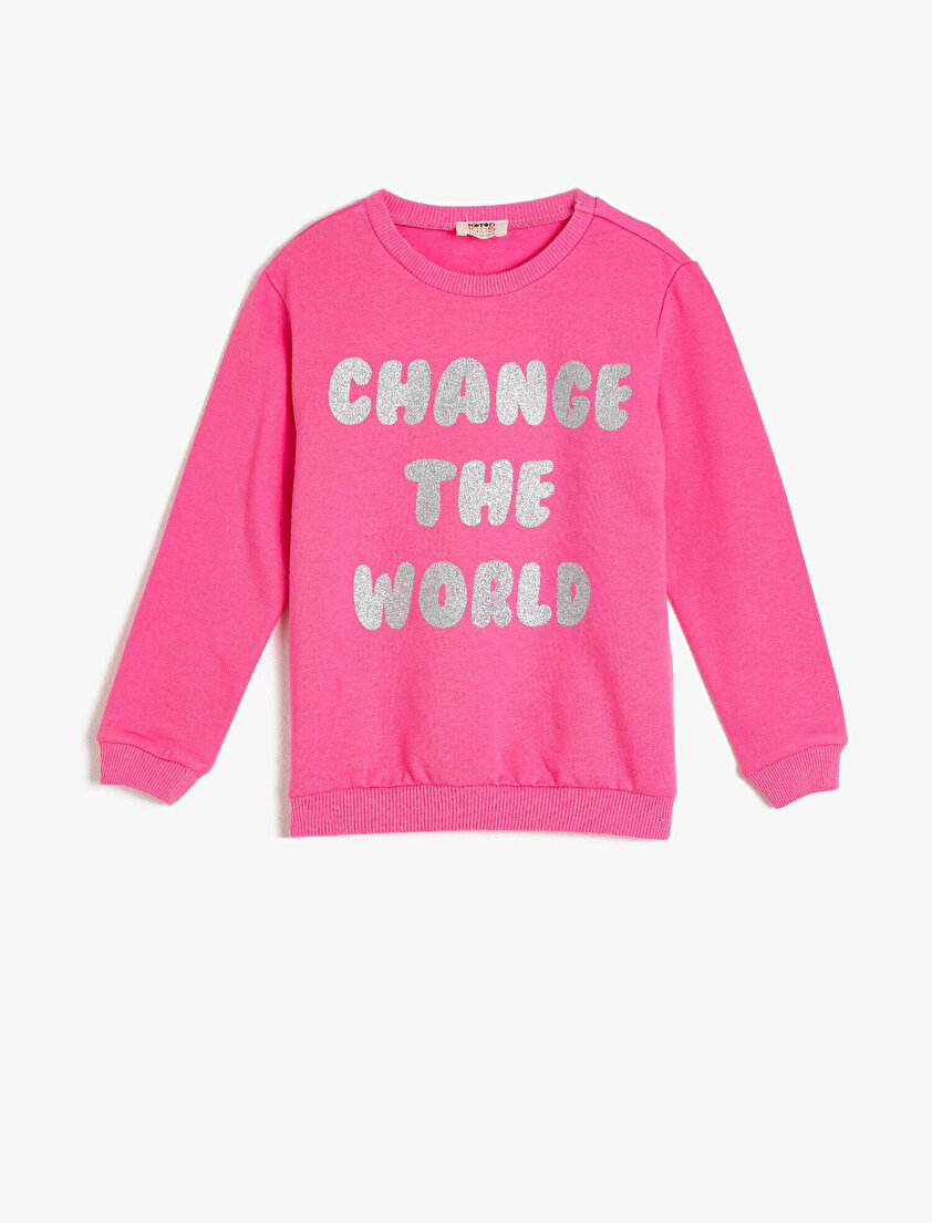 Bisiklet Yaka Uzun Kollu Simli Yazılı Baskılı Sweatshirt