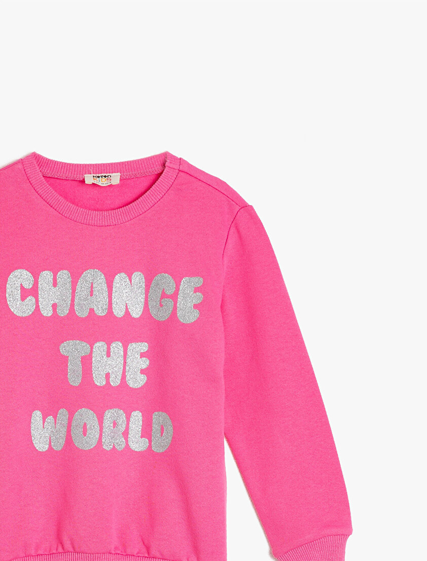 Bisiklet Yaka Uzun Kollu Simli Yazılı Baskılı Sweatshirt