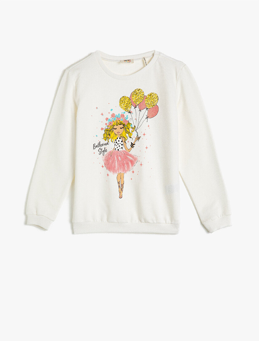 Bisiklet Yaka Pamuklu Kumaştan Baskılı Sweatshirt