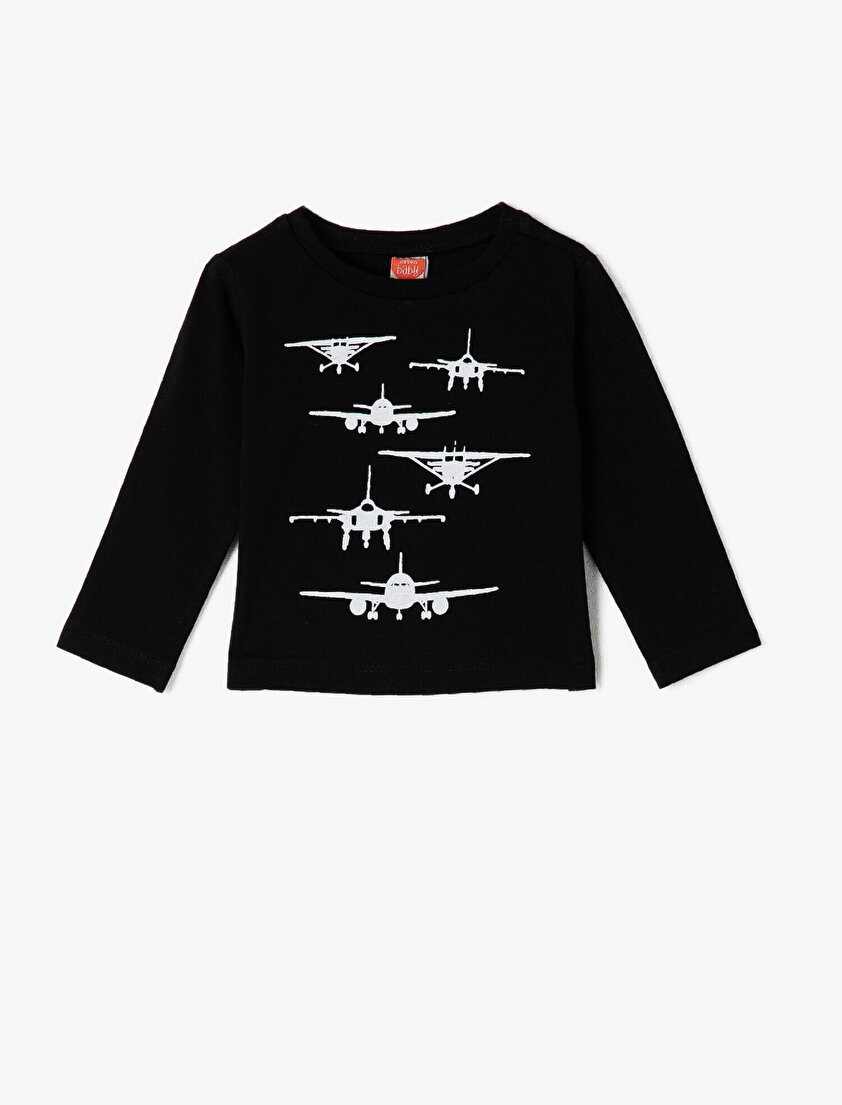  %100 Pamuk Uzun Kollu Bisiklet Yaka Baskılı Tişört