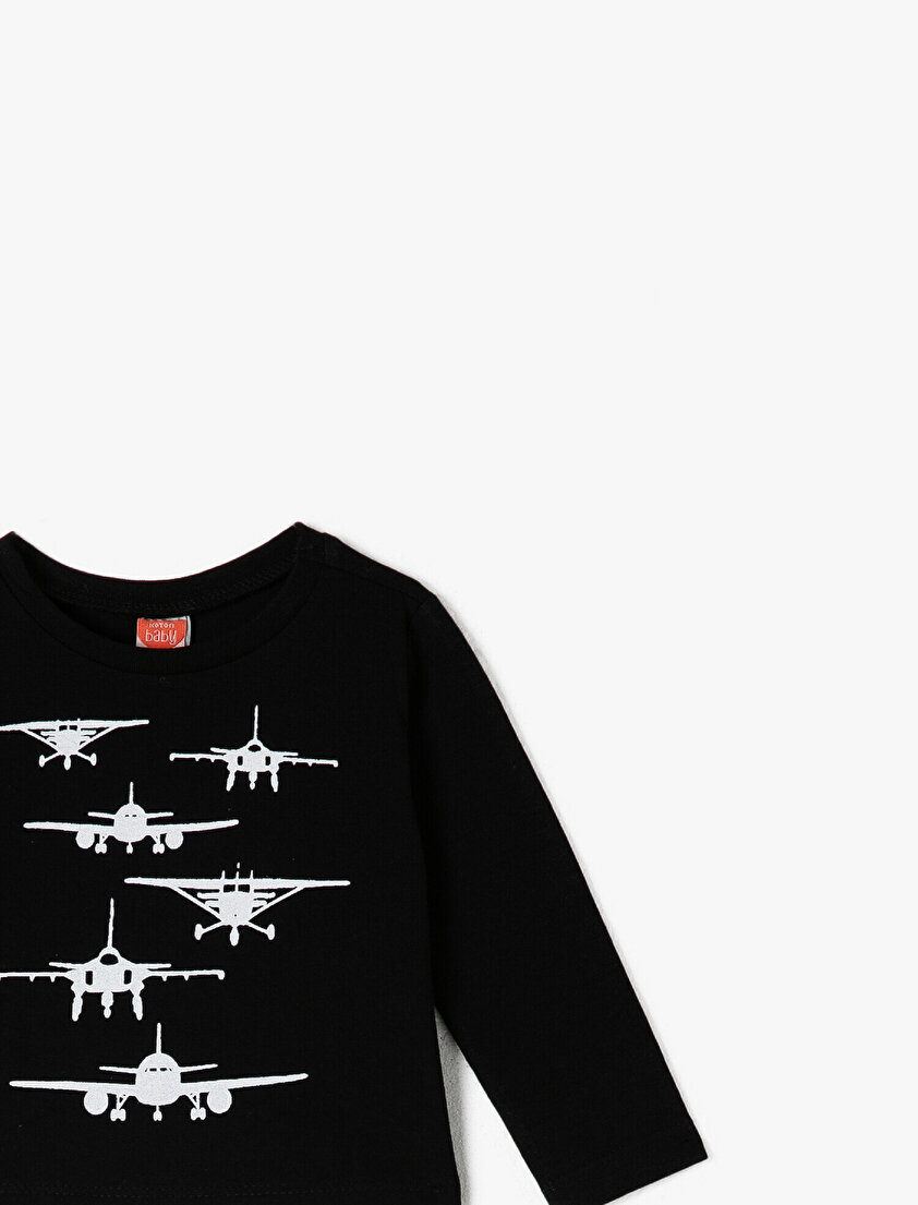  %100 Pamuk Uzun Kollu Bisiklet Yaka Baskılı Tişört