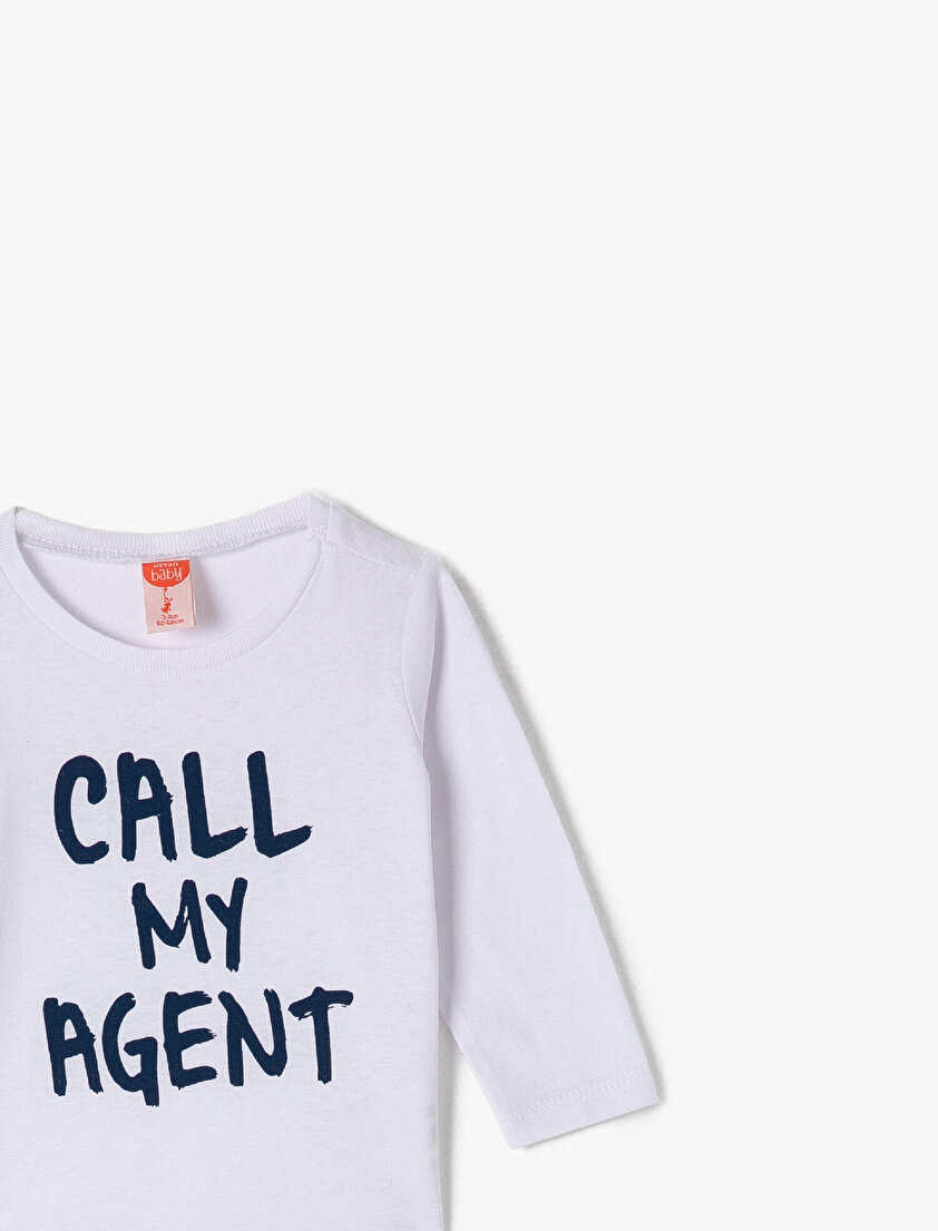 %100 Pamuk Bisiklet Yaka Uzun Kollu Yazılı Baskılı Tişört