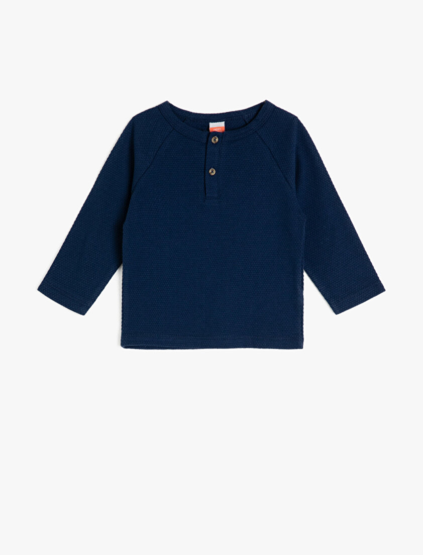 Düğme Detaylı Uzun Kollu %100 Pamuk Tişört