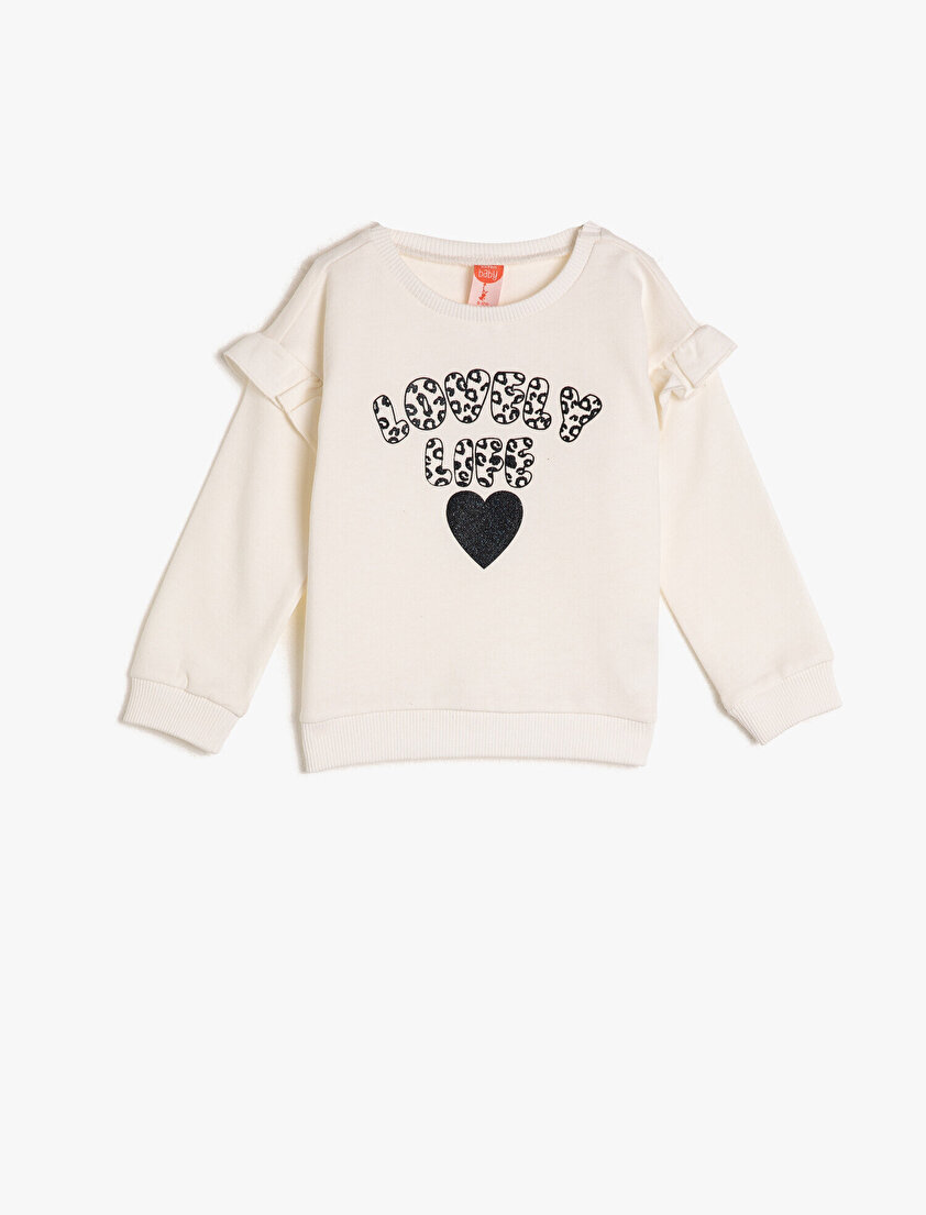 Pamuklu Uzun Kollu Fırfırlı Bisiklet Yaka Sweatshirt