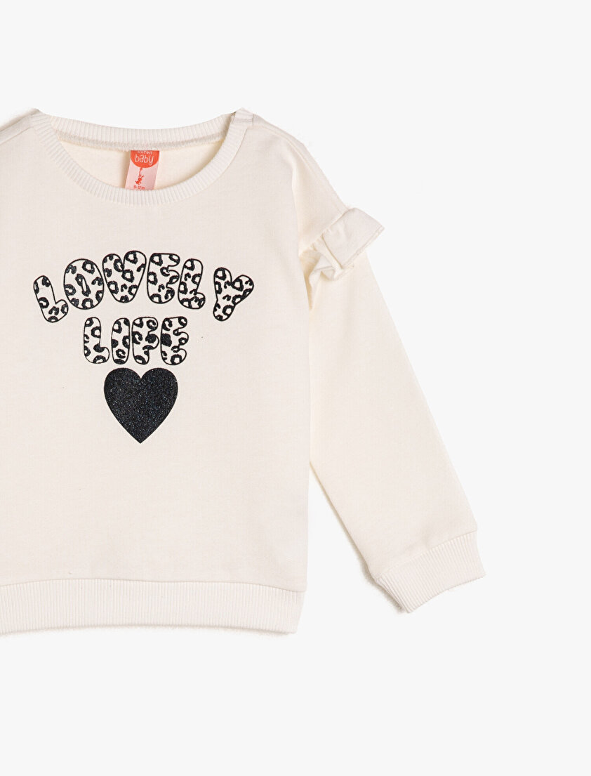 Pamuklu Uzun Kollu Fırfırlı Bisiklet Yaka Sweatshirt